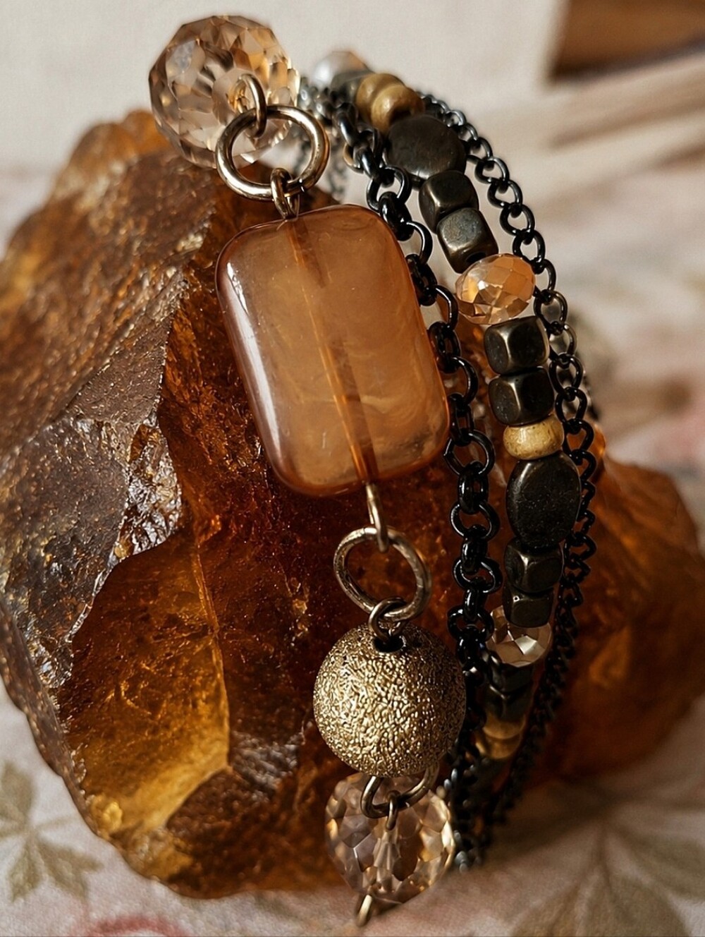 Rectangle Swirled Lucite Peach Faceted Beaded Multiple Strand Bracelet Vintage